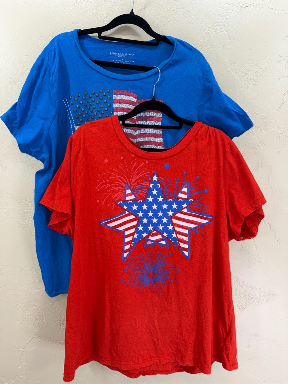 Rebecca Malone Bundle of 2 Red Blue Star & Fireworks Graphic Tee 4th of July 2XL